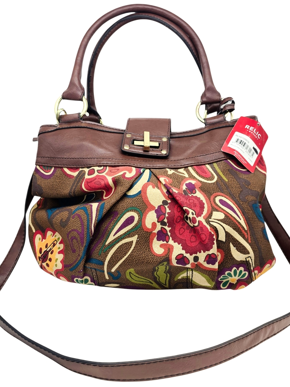 NWT Relic Purse Brown Floral Satchel Bag with Double Handle & Crossbody Strap